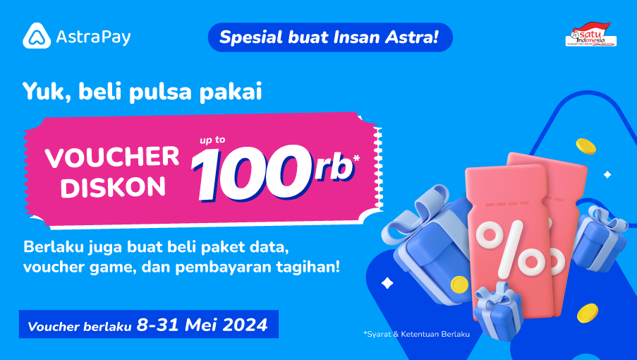 Promo Mei Ceria! Beli Pulsa Jangan Lupa Pakai Voucher Diskon Hingga  Rp100.000!